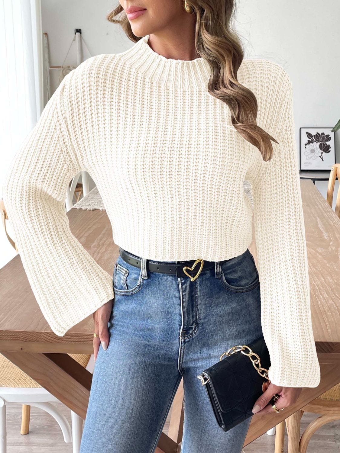 Mock Neck Long Sleeve Sweater - Trendsi