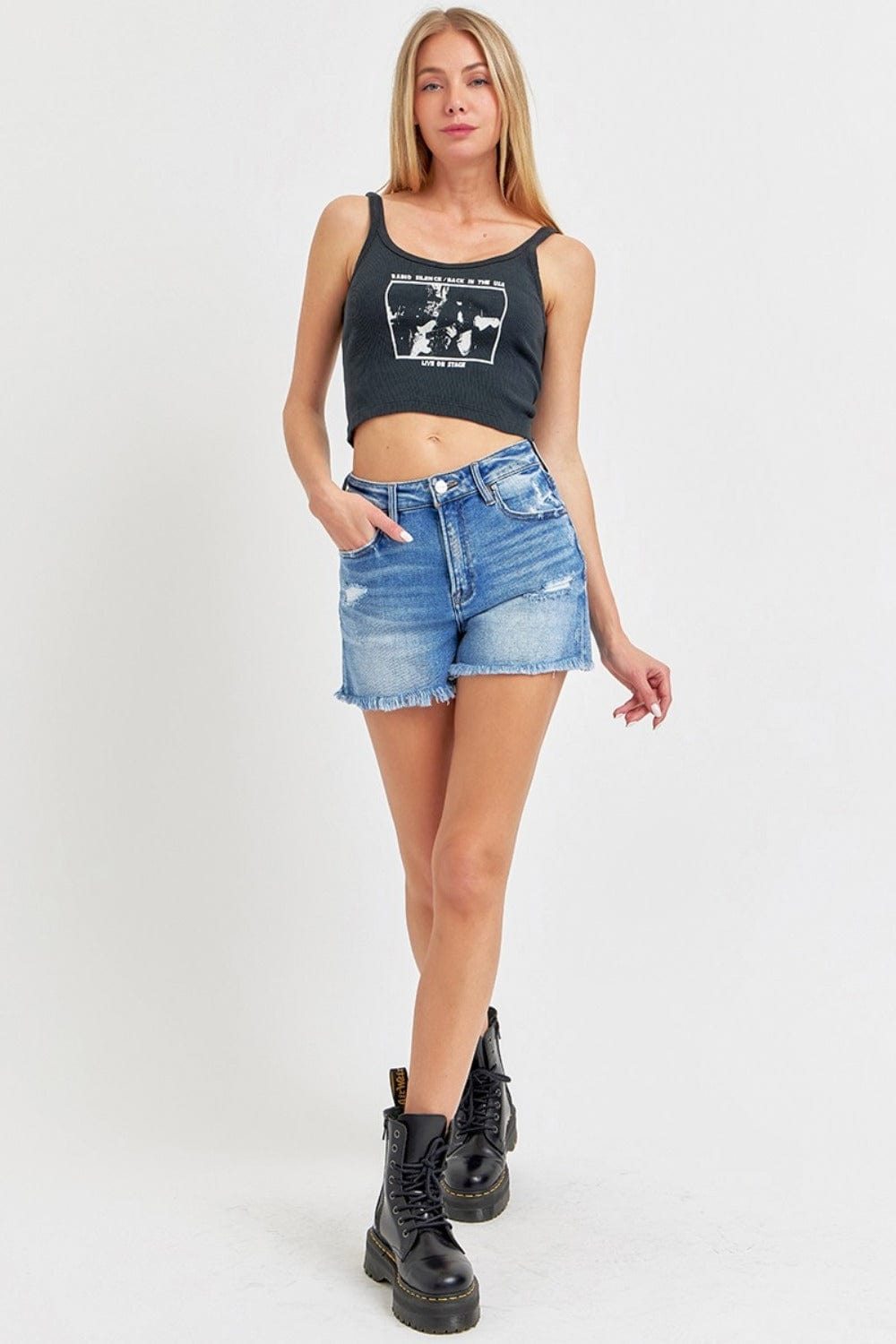 RISEN Full Size High Rise Distressed Raw Hem Denim Shorts - Trendsi