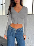 Buttoned V-Neck Long Sleeve T-Shirt - Trendsi