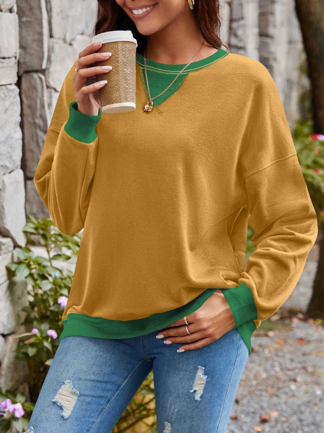 Contrast Round Neck Long Sleeve Sweatshirt - Trendsi