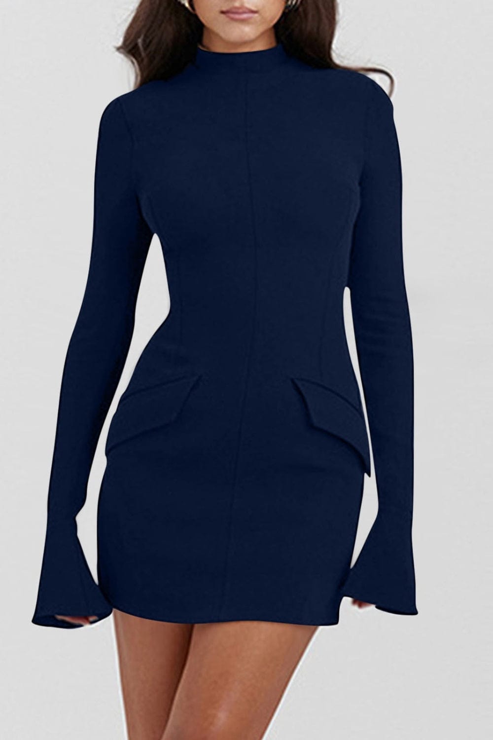 Mock Neck Long Sleeve Mini Dress - Trendsi