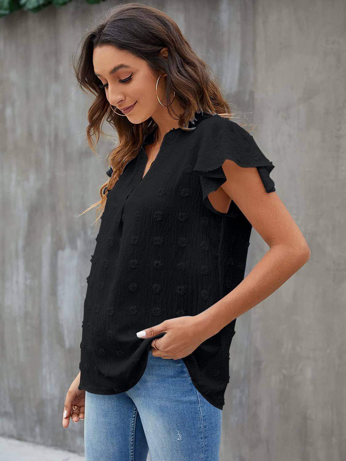 Swiss Dot Notched Flutter Sleeve Blouse Trendsi