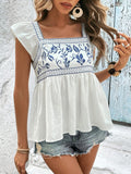 Embroidered Square Neck Cap Sleeve Blouse - Flyclothing LLC