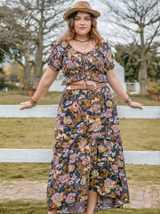 Plus Size Tie Neck Short Sleeve Top and Skirt Set Trendsi