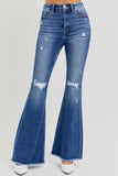 RISEN Full Size High Rise Distressed Raw Hem Flare Jeans - Trendsi