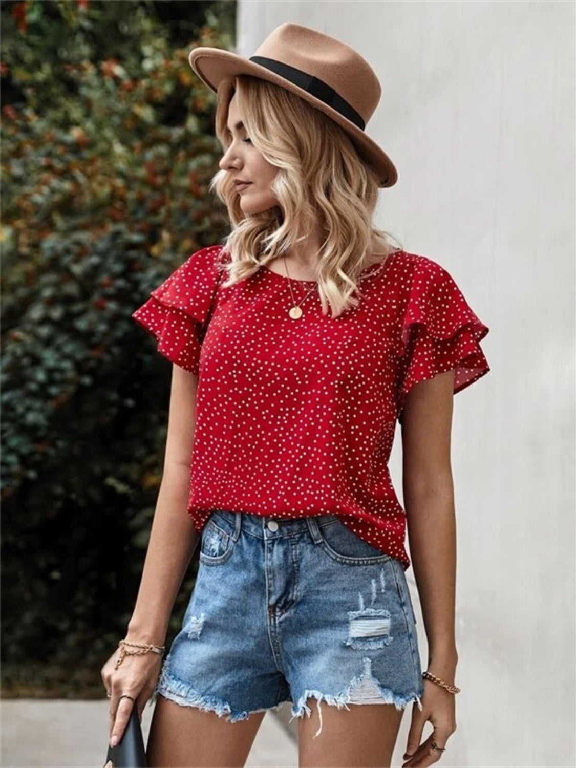 Ruffled Polka Dot Round Neck Short Sleeve Blouse - Flyclothing LLC