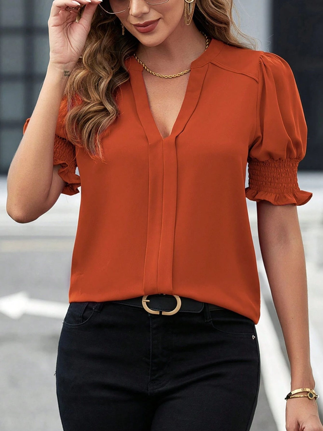 Notched Short Sleeve Blouse Trendsi