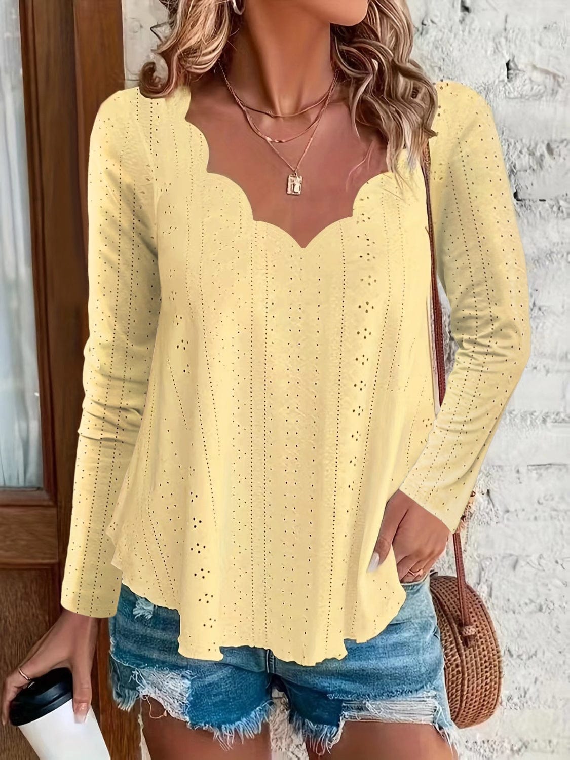 Eyelet Long Sleeve Blouse - Trendsi