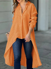 Full Size High-Low Collared Neck Long Sleeve Shirt - Trendsi