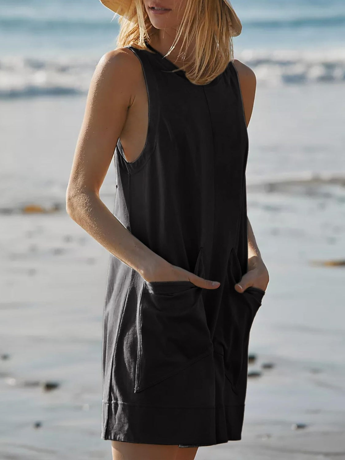 Round Neck Sleeveless Romper with Pockets Trendsi