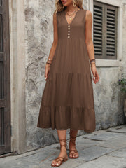 Decorative Button Notched Sleeveless Dress Trendsi