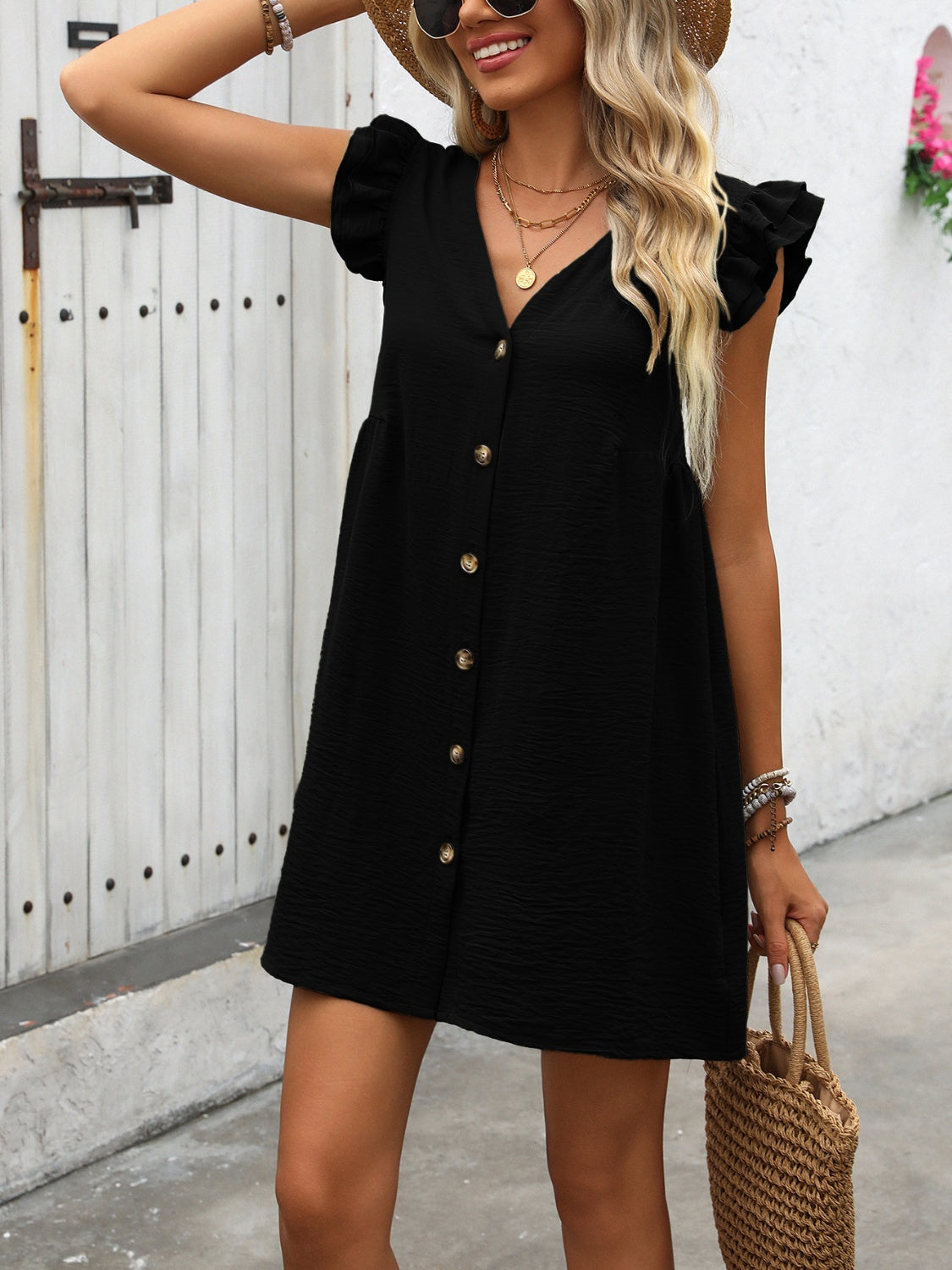 Button Up V-Neck Cap Sleeve Mini Dress Trendsi