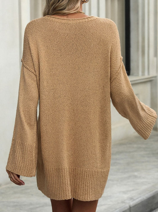 Round Neck Dropped Shoulder Sweater - Trendsi