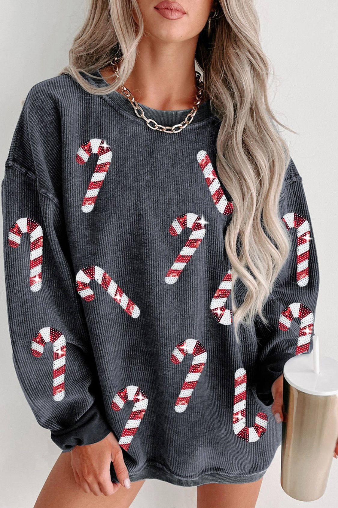 Sequin Candy Cane Round Neck Sweatshirt - Charcoal / S