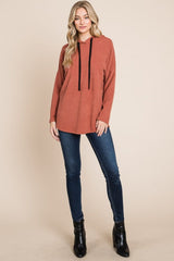 BOMBOM Contrast Drawstring Drop Shoulder Knit Hoodie - Trendsi