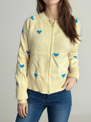 Heart Round Neck Zip Up Cardigan - Trendsi