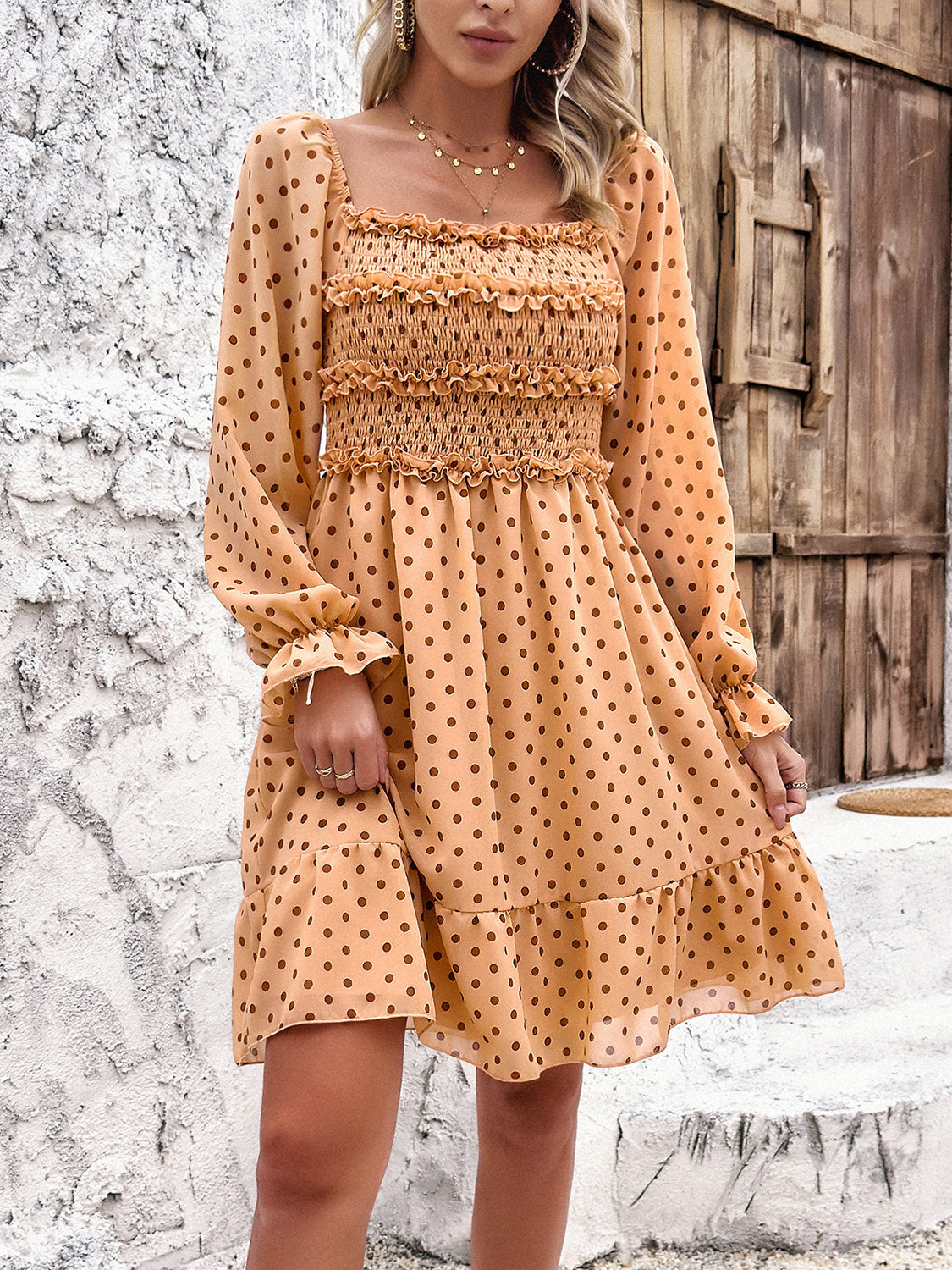 Smocked Polka Dot Long Sleeve Dress - Flyclothing LLC