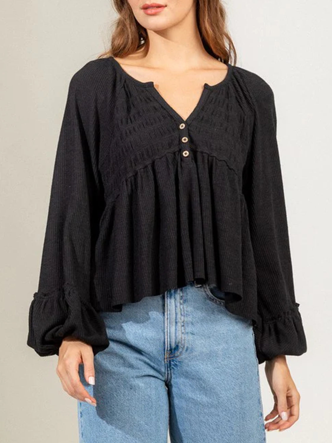 Notched Balloon Sleeve Peplum Blouse - Flyclothing LLC