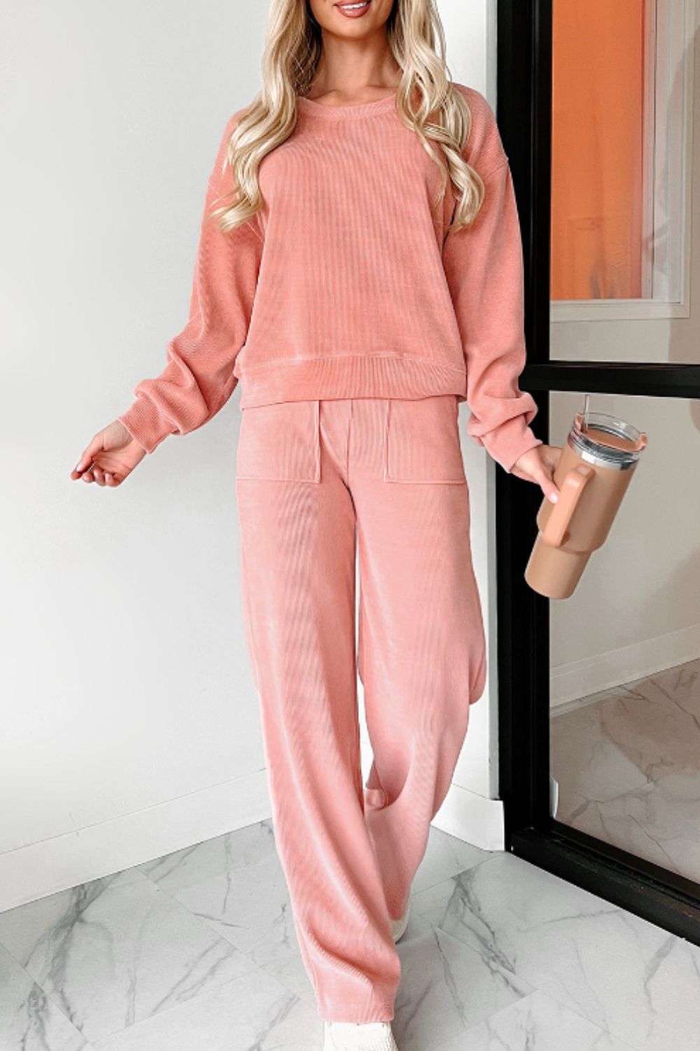 Round Neck Long Sleeve Top and Pants Set