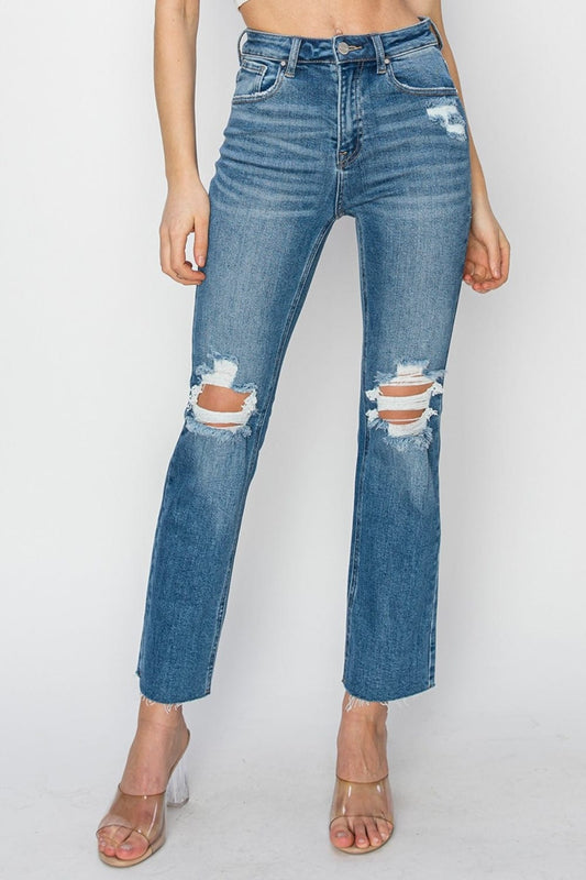 RISEN High Rise Distressed Ankle Jeans - Trendsi