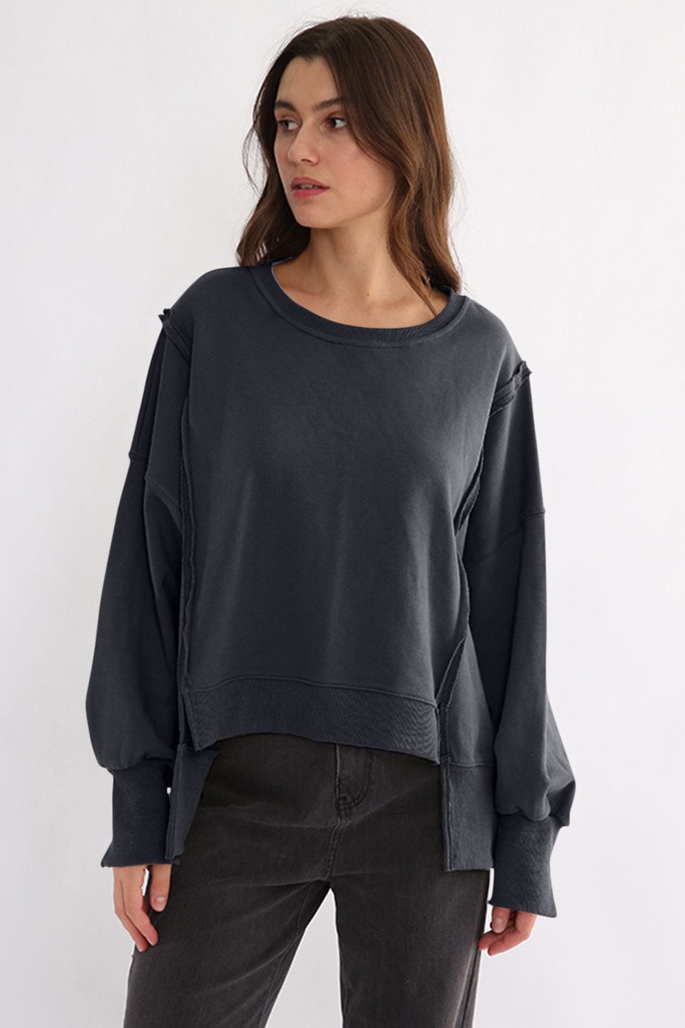 Exposed Seam High-Low Long Sleeve Sweatshirt - Trendsi