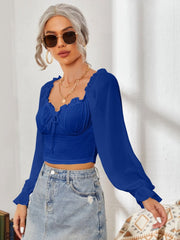 Mesh Sweetheart Neck Flounce Sleeve Top - Trendsi