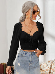 Mesh Sweetheart Neck Flounce Sleeve Top - Trendsi