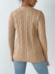 Cable-Knit Heart Round Neck Long Sleeve Sweater - Trendsi