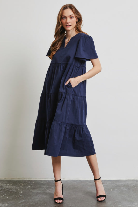 HEYSON Full Size Cotton Poplin Ruffled Tiered Midi Dress Trendsi