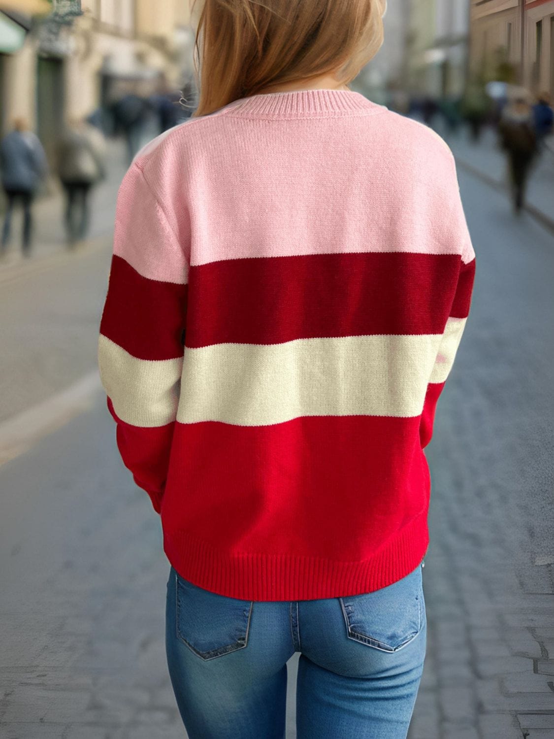 Color Block Round Neck Long Sleeve Sweater - Trendsi