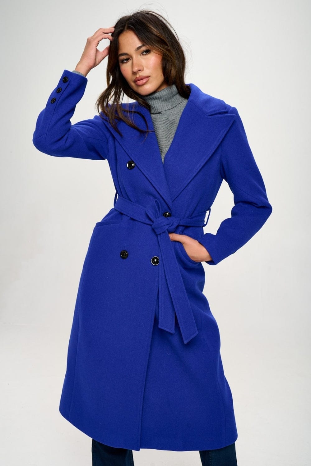 Coalition LA Double-Breasted Longline Coat with Belt - Trendsi