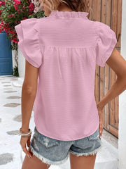 Ruffled Notched Cap Sleeve Blouse - Flyclothing LLC