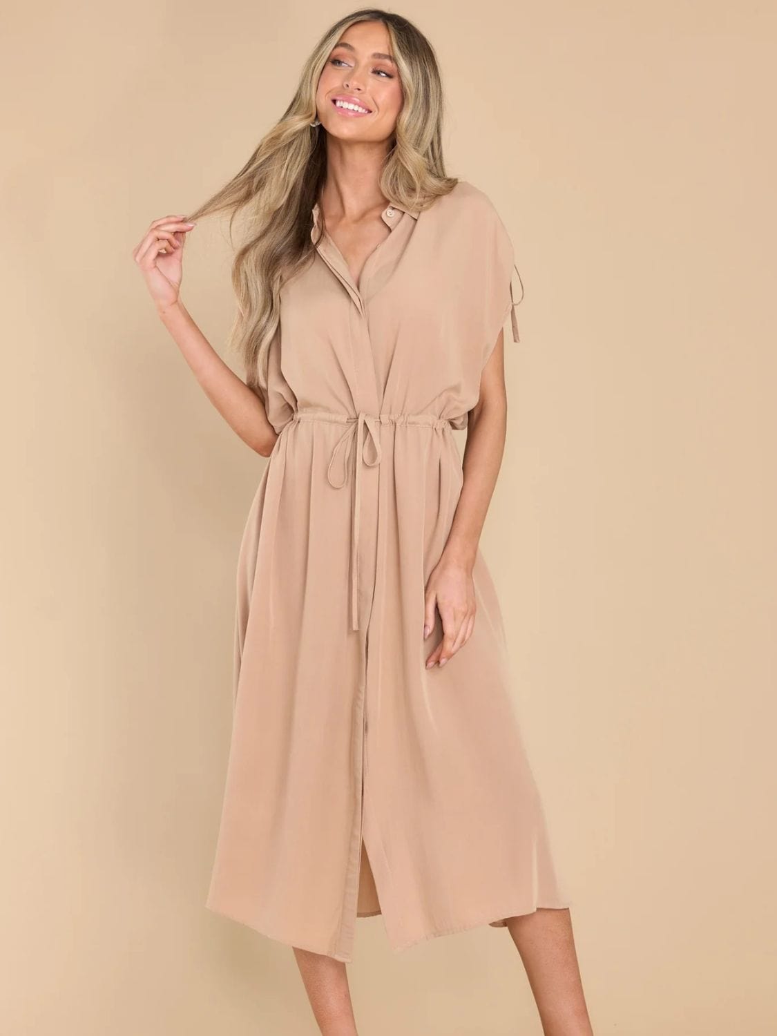 Drawstring Collared Neck Short Sleeve Midi Dress - Trendsi