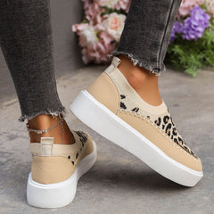 Leopard Round Toe Platform Sneakers - Trendsi