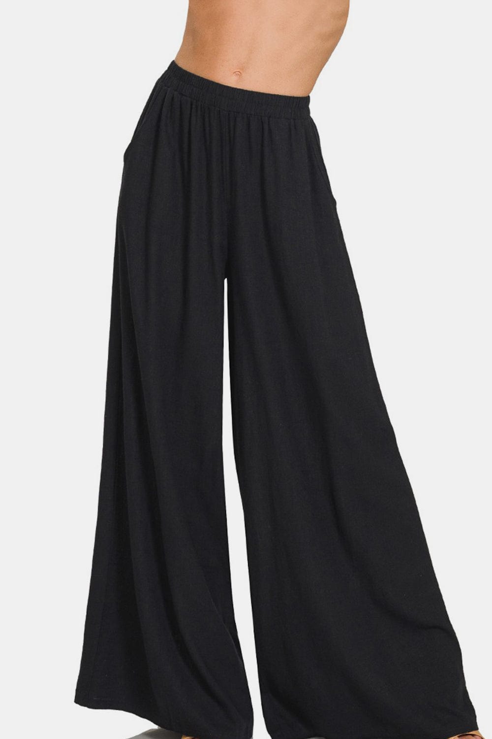 Zenana Pleated Linen Blend Wide Leg Pants Trendsi