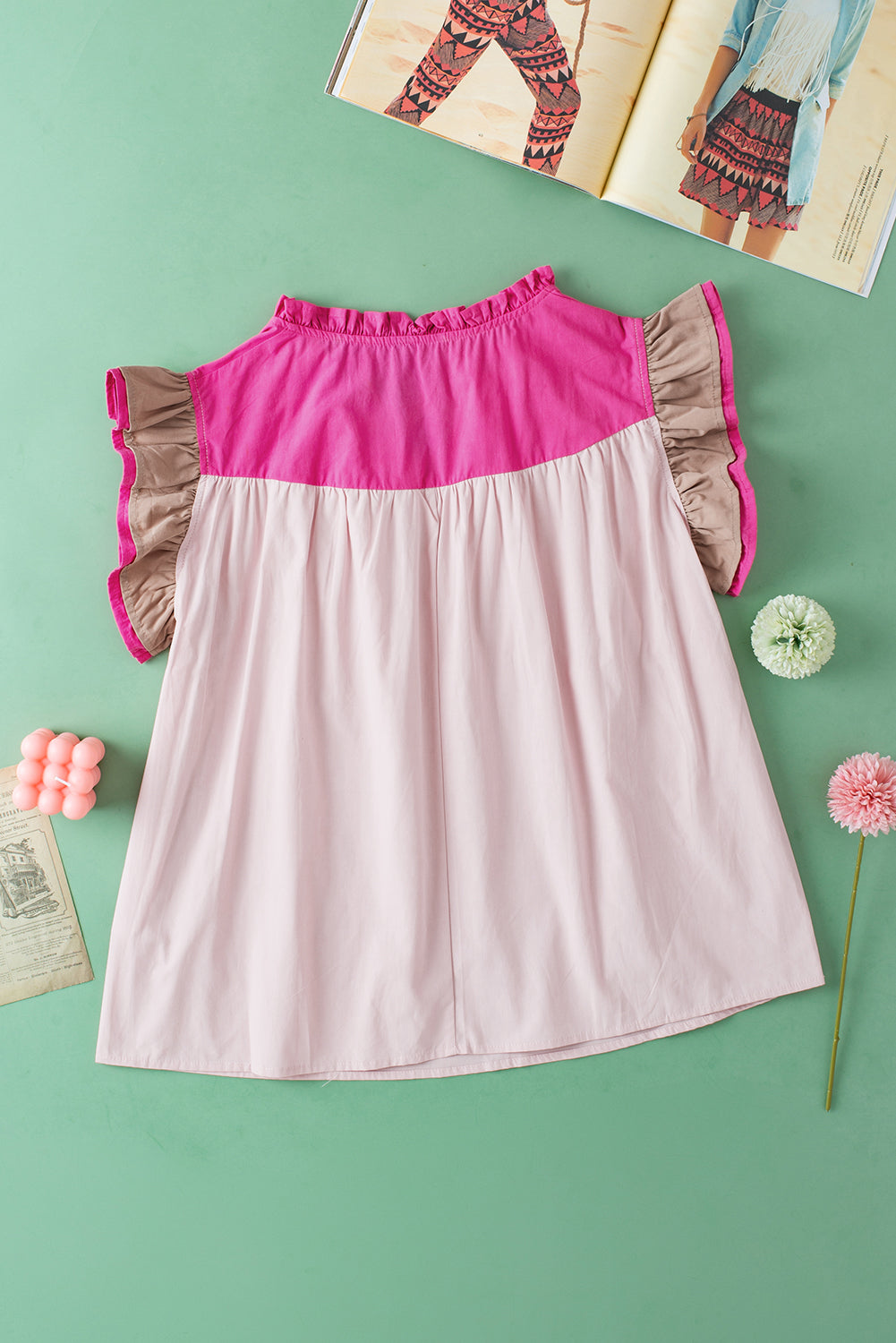 Ruffled Color Block Notched Cap Sleeve Blouse