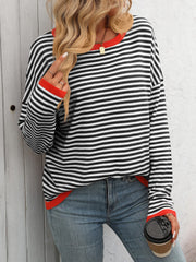 Mandy Striped Round Neck Long Sleeve Sweater - Trendsi