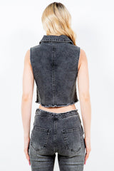 American Bazi Zip Up Washed Crop Denim Vest - Trendsi