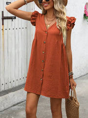 Button Up V-Neck Cap Sleeve Mini Dress Trendsi