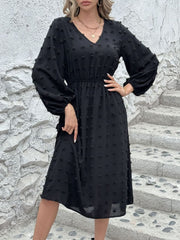 Full Size Swiss Dot V-Neck Long Sleeve Midi Dress - Trendsi