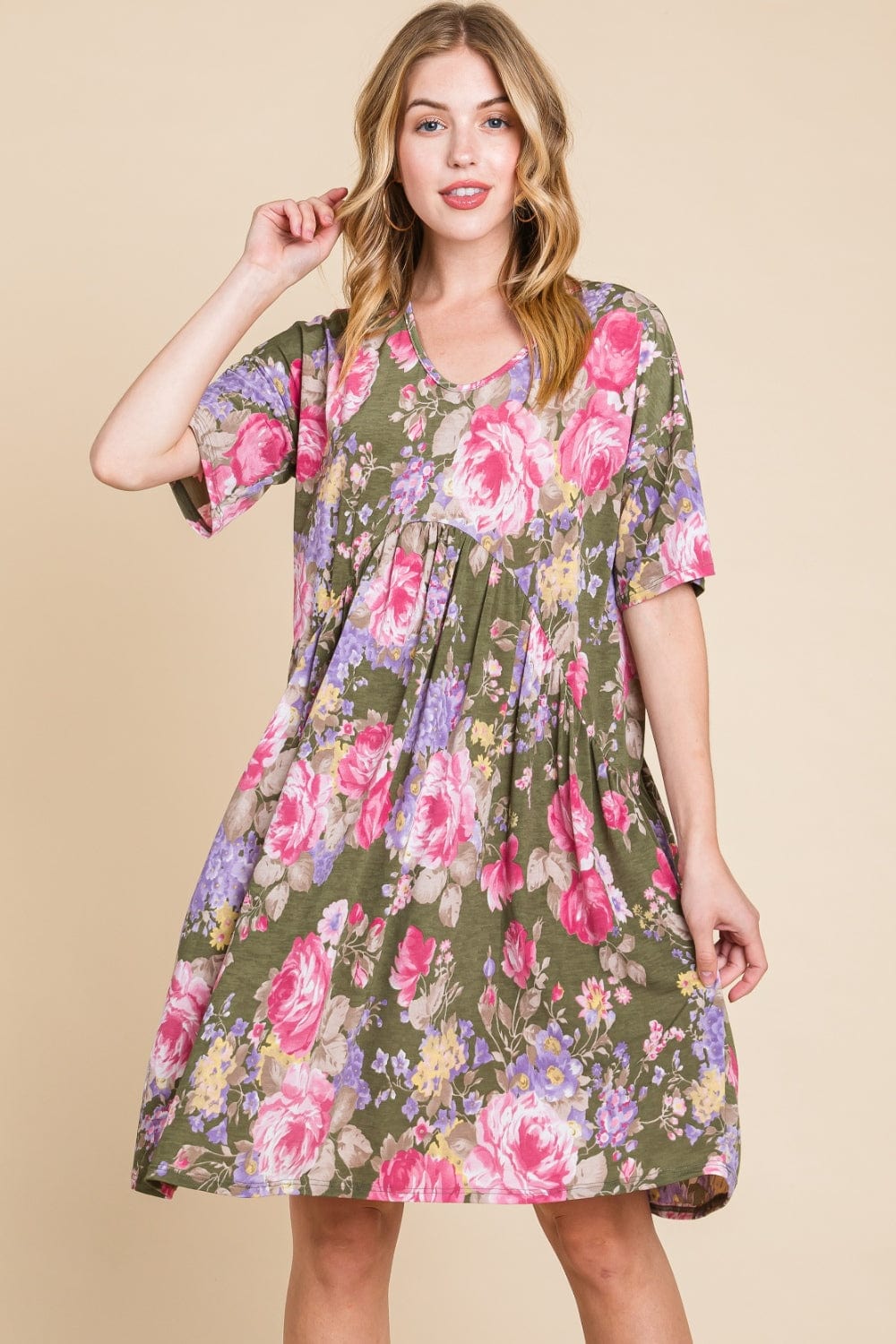 BOMBOM Flower Print V-Neck Ruched Dress - Trendsi