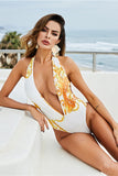 Printed Plunge Halter Neck Swimwear and Cardigan Set - Flyclothing LLC