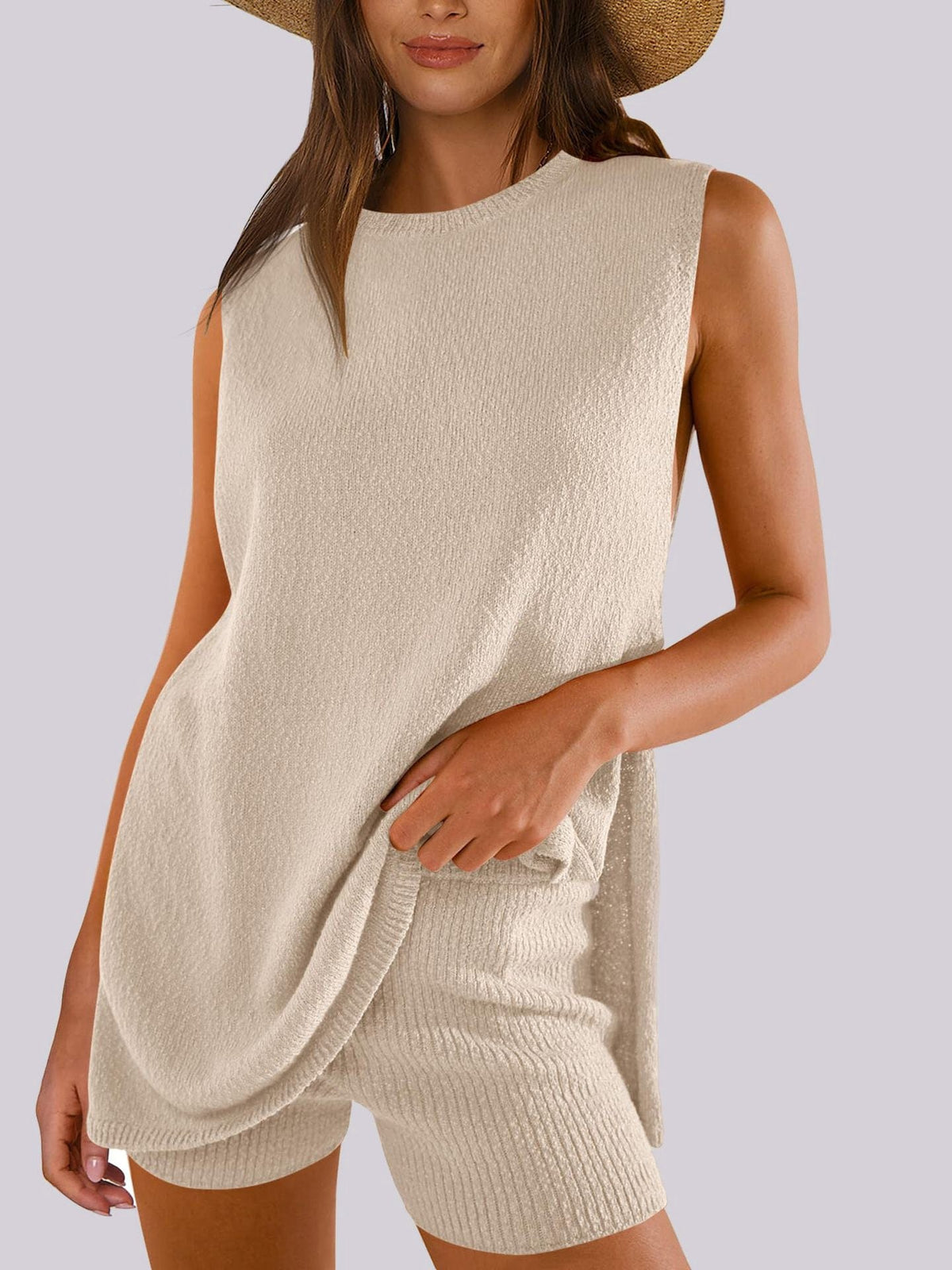 Mandy Side Slit Round Neck Tank and Shorts Sweater Set - Trendsi