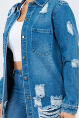 American Bazi Distressed Button Up Long Sleeve Denim Jacket - Trendsi