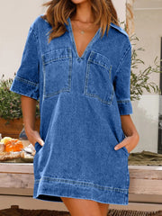 Johnny Collar Half Sleeve Denim Dress - Trendsi