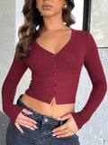 Buttoned V-Neck Long Sleeve T-Shirt - Trendsi