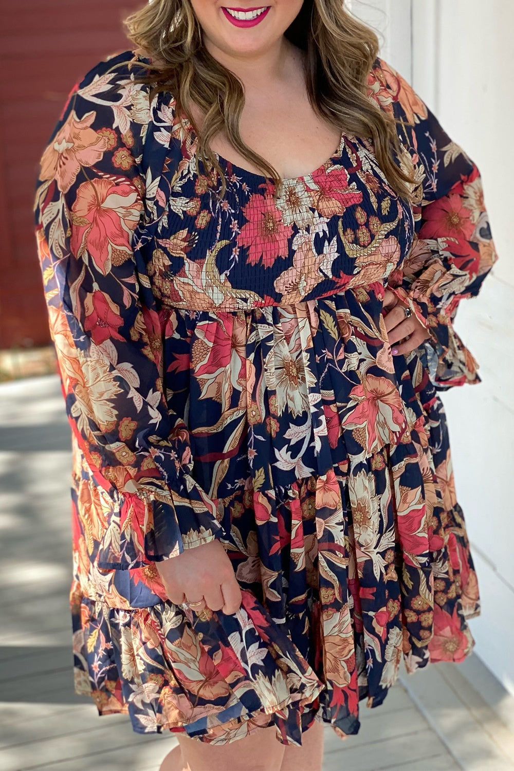 Plus Size Smocked Printed Long Sleeve Dress - Flyclothing LLC