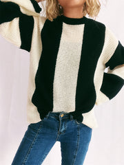 Color Block Round Neck Long Sleeve Sweater - Trendsi