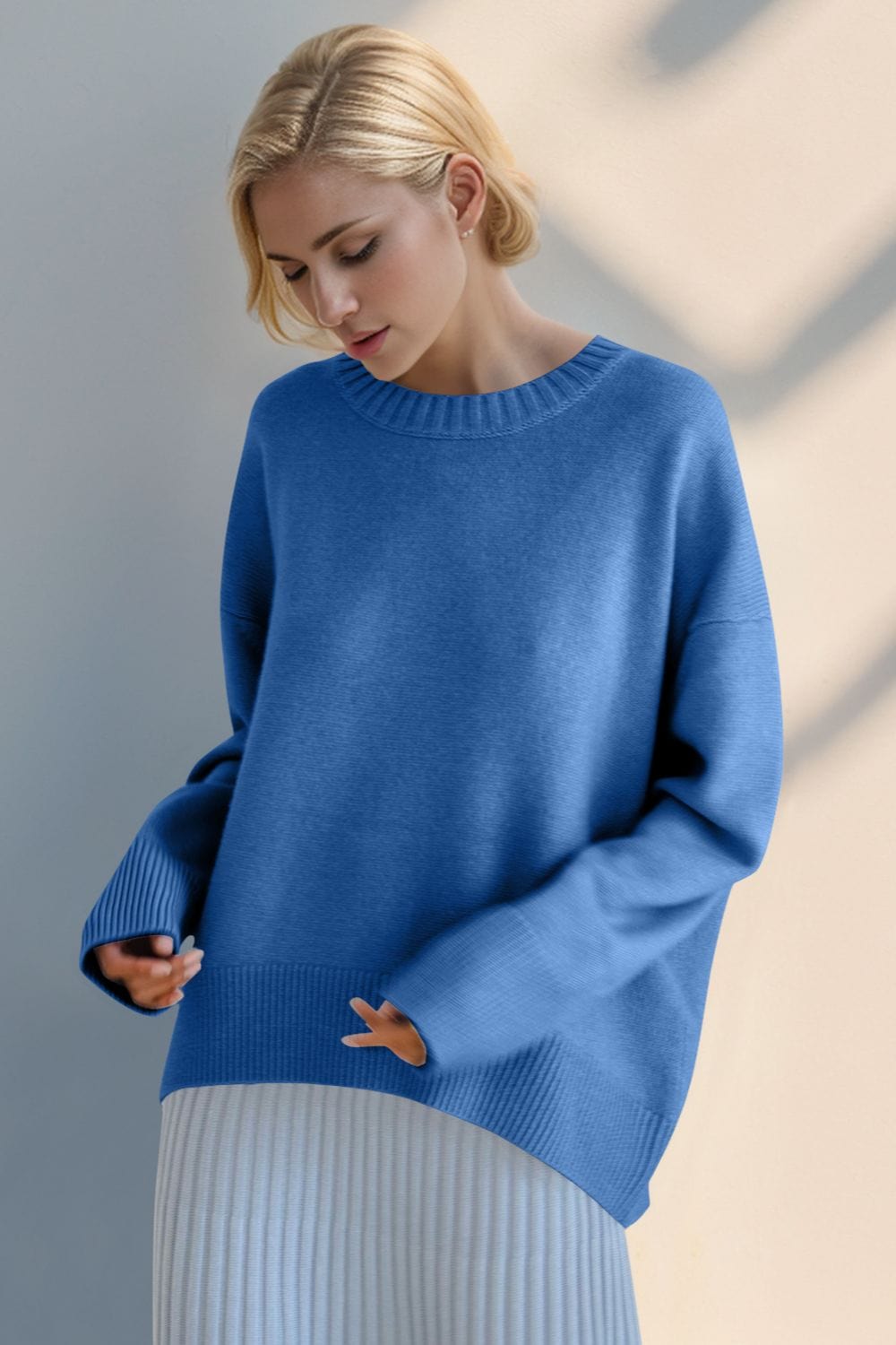 Basic Bae Round Neck Dropped Shoulder Sweater - Trendsi