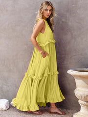 Ruffled Sleeveless Tiered Maxi Dress with Pockets Trendsi